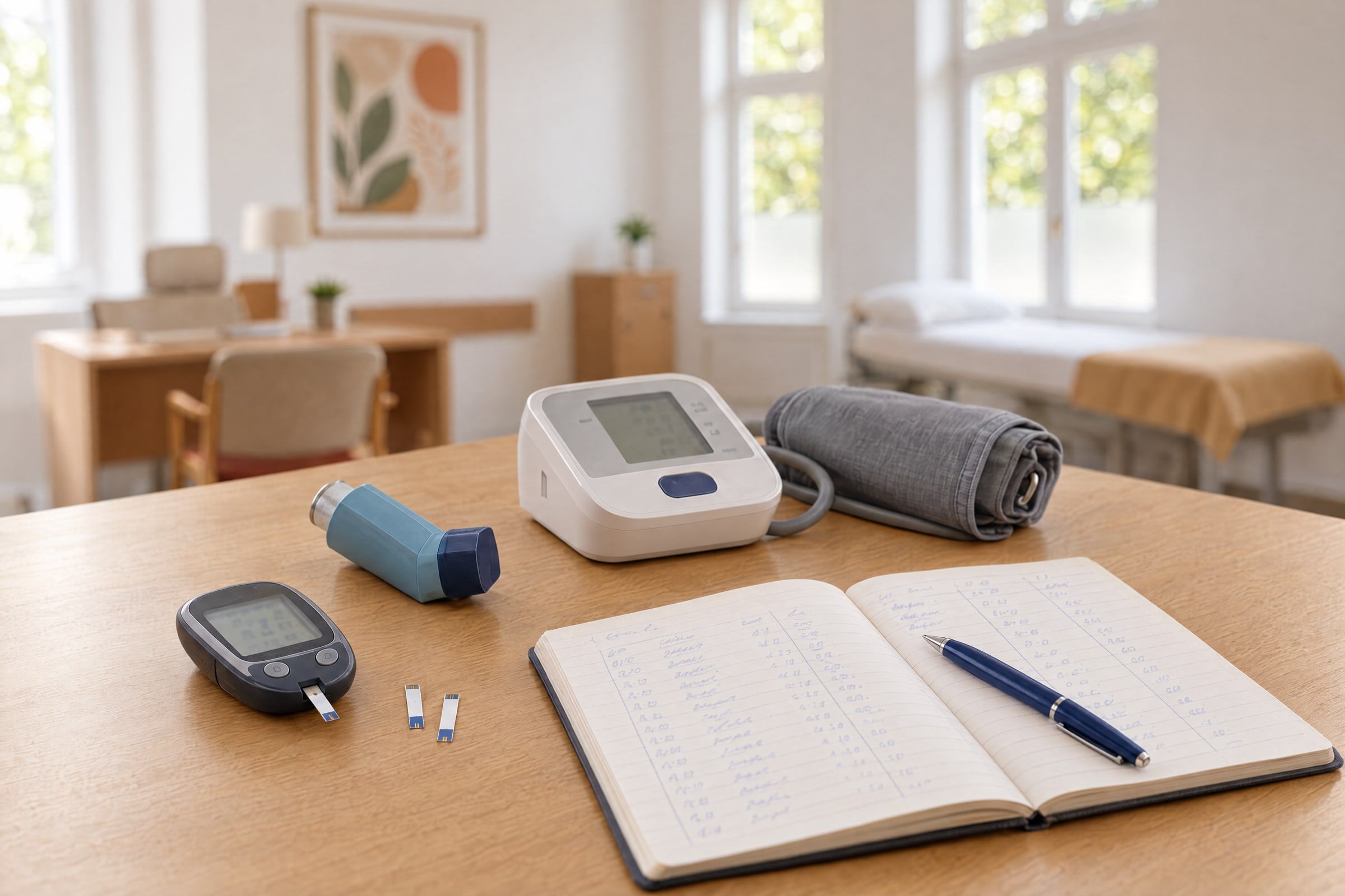 Glucometru, inhalator, tensiometru și un caiet cu valorile notate zilnic, pe biroul cabinetului.