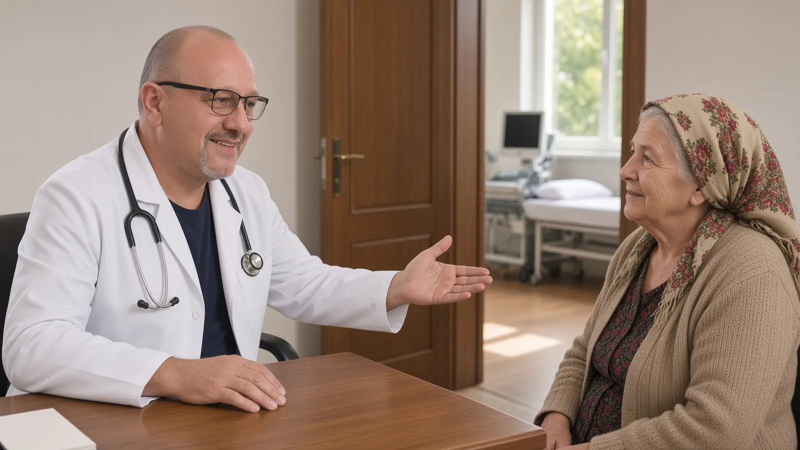 Medicul de familie stă de vorbă cu o pacientă vârstnică, la birou, în cabinet