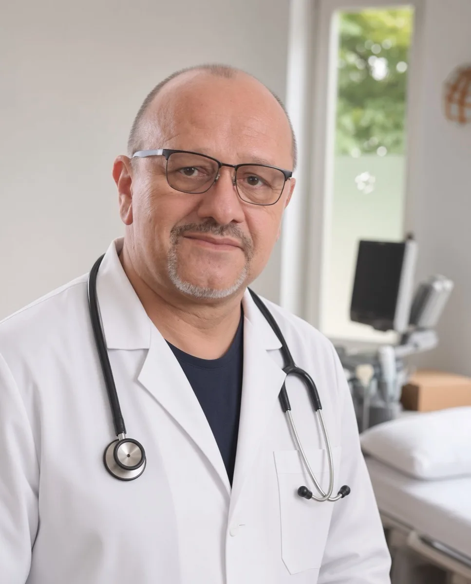 Dr. Nica Bogdan Cristian, medicul cabinetului — în halat, cu stetoscop, în cabinetul de consultație