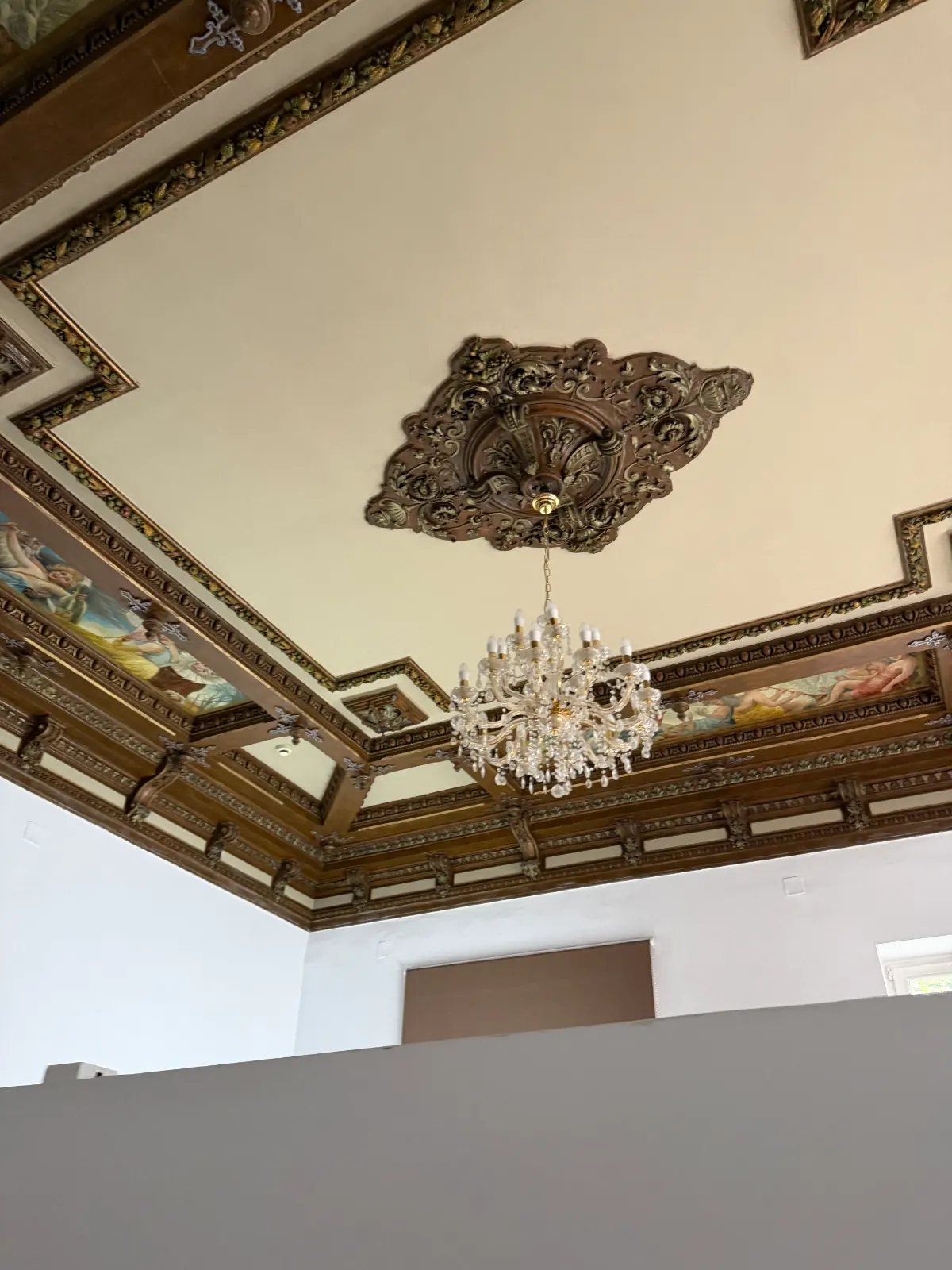 Tavanul pictat al cabinetului: casete de lemn sculptat și un candelabru, moștenirea clădirii istorice în care funcționează cabinetul